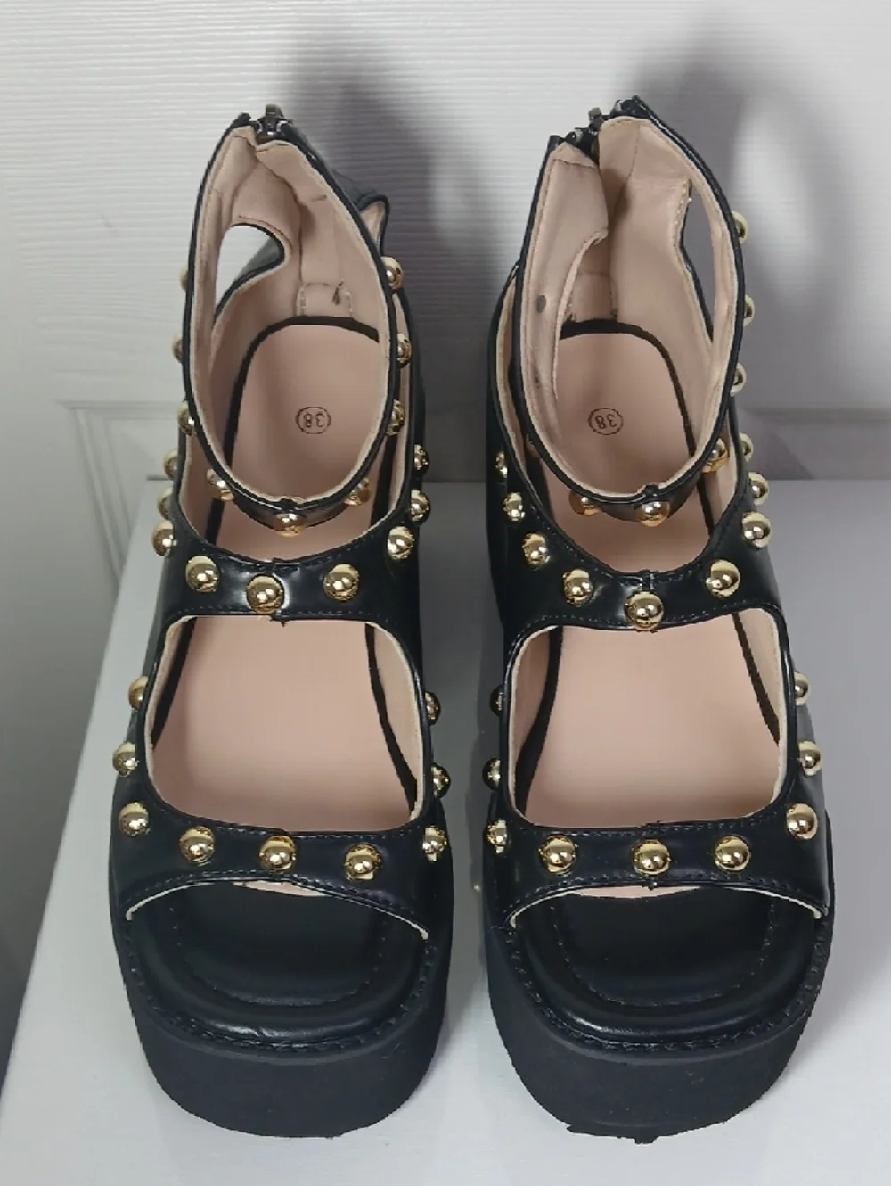Black Studded Steampunk Goth Chunky Platform Open Toe Ankle‎ Strap Sandals